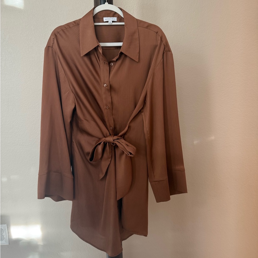 Gianni Bini Brown Button-Down Tie-Front Dress